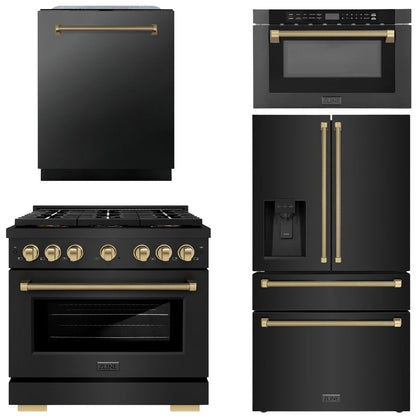 ZLINE Autograph Package - 36" Gas Range, 36" French Door Refrigerator, 24" Tall Tub Dishwasher, Microwave Drawer in Black with Champagne Bronze Helix Accents, 4KAP-GAS36RFDWM-BS-CB