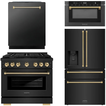 ZLINE Autograph Package - 36" Gas Range, 36" French Door Refrigerator, 24" Tall Tub Dishwasher, Microwave Drawer in Black with Polished Gold Helix Accents, 4KAP-GAS36RFDWM-BS-G
