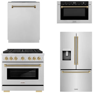ZLINE Autograph Package - 36" Gas Range, 36" French Door Refrigerator, Tall Tub Dishwasher, Microwave Drawer in Stainless Steel with Champagne Bronze Helix Accents, 4KAP-GAS36RFDWM-CB