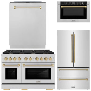 ZLINE Autograph Package - 48" Gas Range, 36" French Door Refrigerator, Tall Tub Dishwasher, Microwave Drawer in Stainless Steel with Polished Gold Helix Accents, 4KAP-GAS48RFDWM-G