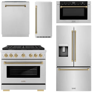 ZLINE Autograph Package - 36" Dual Fuel Range, 36" French Door Refrigerator, Tall Tub Dishwasher, Microwave Drawer, 15" Ice Maker in Stainless Steel with Champagne Bronze Helix Accents, 5KAP-DF36RFDWMBV-CB