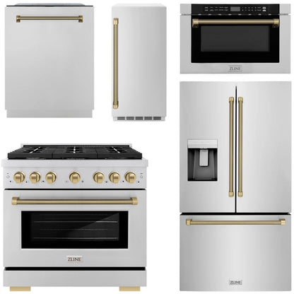 ZLINE Autograph Package - 36" Dual Fuel Range, 36" French Door Refrigerator, Tall Tub Dishwasher, Microwave Drawer, 15" Ice Maker in Stainless Steel with Champagne Bronze Helix Accents, 5KAP-DF36RFDWMBV-CB