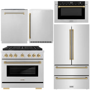 ZLINE Autograph Package - 36" Dual Fuel Range, 36" French Door Refrigerator, Tall Tub Dishwasher, Microwave Drawer, 24" Beverage Fridge in Stainless Steel with Polished Gold Helix Accents, 5KAP-DF36RFDWMBV-G