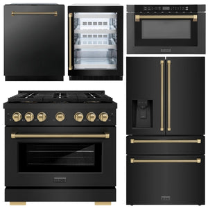 ZLINE Autograph Package - 36" Gas Range, 36" French Door Refrigerator, 24" Tall Tub Dishwasher, Microwave Drawer, 24" Beverage Fridge in Black with Champagne Bronze Helix Accents, 5KAP-GAS36RFDWMBV-BS-CB