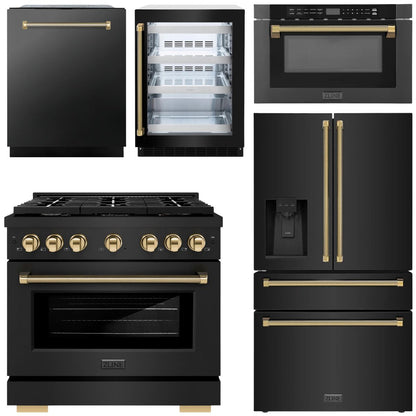 ZLINE Autograph Package - 36" Gas Range, 36" French Door Refrigerator, 24" Tall Tub Dishwasher, Microwave Drawer, 24" Beverage Fridge in Black with Polished Gold Helix Accents, 5KAP-GAS36RFDWMBV-BS-G