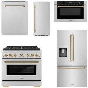 ZLINE Autograph Package - 36" Gas Range, 36" French Door Refrigerator, Tall Tub Dishwasher, Microwave Drawer, 15" Ice Maker in Stainless Steel with Champagne Bronze Helix Accents, 5KAP-GAS36RFDWMBV-CB
