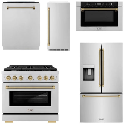 ZLINE Autograph Package - 36" Gas Range, 36" French Door Refrigerator, Tall Tub Dishwasher, Microwave Drawer, 15" Ice Maker in Stainless Steel with Champagne Bronze Helix Accents, 5KAP-GAS36RFDWMBV-CB