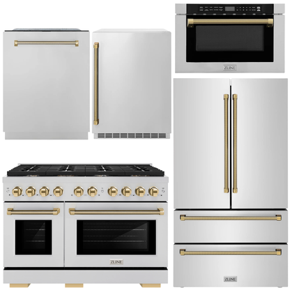 ZLINE Autograph Package - 36" Gas Range, 36" French Door Refrigerator, Tall Tub Dishwasher, Microwave Drawer, 24" Beverage Fridge in Stainless Steel with Polished Gold Helix Accents, 5KAP-GAS36RFDWMBV-G
