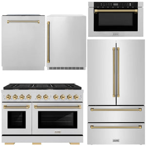 ZLINE Autograph Package - 48" Gas Range, 36" French Door Refrigerator, Tall Tub Dishwasher, Microwave Drawer, 24" Beverage Fridge in Stainless Steel with Polished Gold Helix Accents, 5KAP-GAS48RFDWMBV-G
