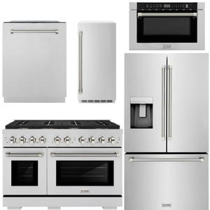 ZLINE Autograph Package - 48" Gas Range, 36" French Door Refrigerator, Tall Tub Dishwasher, Microwave Drawer, 15" Ice Maker in Stainless Steel with Polished Nickel Helix Accents, 5KAP-GAS48RFDWMBV-PN