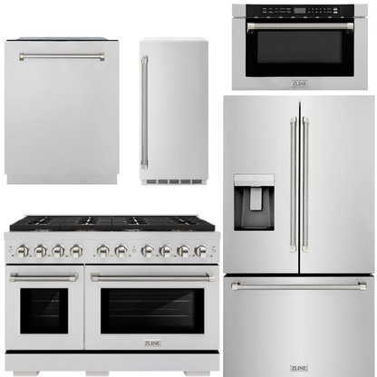ZLINE Autograph Package - 48" Gas Range, 36" French Door Refrigerator, Tall Tub Dishwasher, Microwave Drawer, 15" Ice Maker in Stainless Steel with Polished Nickel Helix Accents, 5KAP-GAS48RFDWMBV-PN