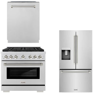 ZLINE Autograph Package - 36" Dual Fuel Range, 36" French Door Refrigerator, Tall Tub Dishwasher in Stainless Steel with Polished Nickel Helix Accents, 3KAP-DF36RFDW-PN