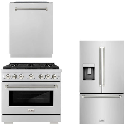 ZLINE Autograph Package - 36" Dual Fuel Range, 36" French Door Refrigerator, Tall Tub Dishwasher in Stainless Steel with Polished Nickel Helix Accents, 3KAP-DF36RFDW-PN