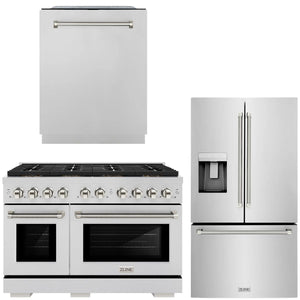 ZLINE Autograph Package - 48" Dual Fuel Range, 36" French Door Refrigerator, Tall Tub Dishwasher in Stainless Steel with Polished Nickel Helix Accents, 3KAP-DF48RFDW-PN