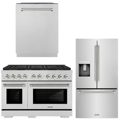 ZLINE Autograph Package - 48" Dual Fuel Range, 36" French Door Refrigerator, Tall Tub Dishwasher in Stainless Steel with Polished Nickel Helix Accents, 3KAP-DF48RFDW-PN