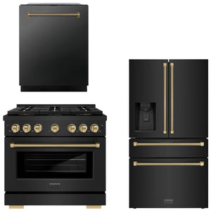 ZLINE Autograph Package - 36" Gas Range, 36" French Door Refrigerator, 24" Tall Tub Dishwasher in Black with Champagne Bronze Helix Accents, 3KAP-GAS36RFDW-BS-CB