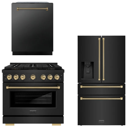ZLINE Autograph Package - 36" Gas Range, 36" French Door Refrigerator, 24" Tall Tub Dishwasher in Black with Champagne Bronze Helix Accents, 3KAP-GAS36RFDW-BS-CB