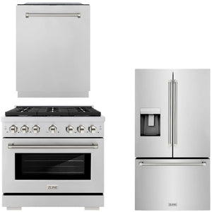 ZLINE Autograph Package - 36" Gas Range, 36" French Door Refrigerator, Tall Tub Dishwasher in Stainless Steel with Polished Nickel Helix Accents, 3KAP-GAS36RFDW-PN