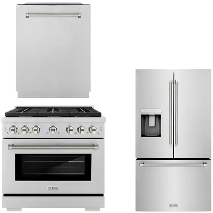 ZLINE Autograph Package - 36" Gas Range, 36" French Door Refrigerator, Tall Tub Dishwasher in Stainless Steel with Polished Nickel Helix Accents, 3KAP-GAS36RFDW-PN