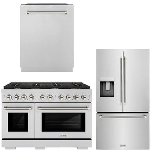 ZLINE Autograph Package - 48" Gas Range, 36" French Door Refrigerator, Tall Tub Dishwasher in Stainless Steel with Polished Nickel Helix Accents, 3KAP-GAS48RFDW-PN