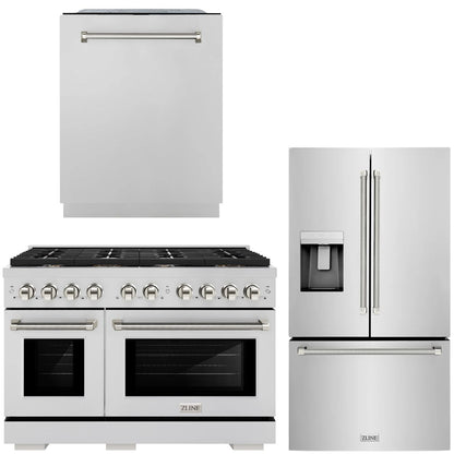 ZLINE Autograph Package - 48" Gas Range, 36" French Door Refrigerator, Tall Tub Dishwasher in Stainless Steel with Polished Nickel Helix Accents, 3KAP-GAS48RFDW-PN
