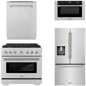 ZLINE Autograph Package - 36" Dual Fuel Range, 36" French Door Refrigerator, Tall Tub Dishwasher, Microwave Drawer in Stainless Steel with Polished Nickel Helix Accents, 4KAP-DF36RFDWM-PN