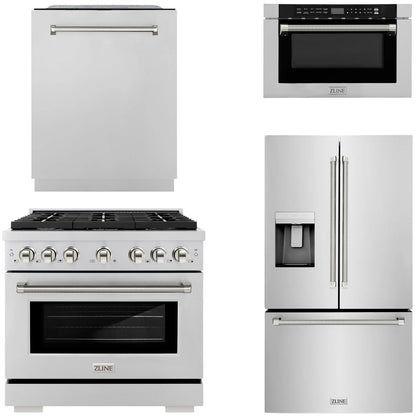 ZLINE Autograph Package - 36" Dual Fuel Range, 36" French Door Refrigerator, Tall Tub Dishwasher, Microwave Drawer in Stainless Steel with Polished Nickel Helix Accents, 4KAP-DF36RFDWM-PN