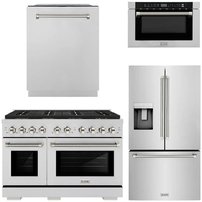 ZLINE Autograph Package - 48" Dual Fuel Range, 36" French Door Refrigerator, Tall Tub Dishwasher, Microwave Drawer in Stainless Steel with Polished Nickel Helix Accents, 4KAP-DF48RFDWM-PN