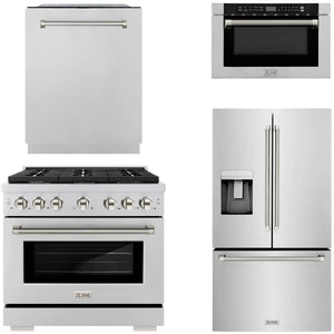ZLINE Autograph Package - 36" Gas Range, 36" French Door Refrigerator, Tall Tub Dishwasher, Microwave Drawer in Stainless Steel with Polished Nickel Helix Accents, 4KAP-GAS36RFDWM-PN