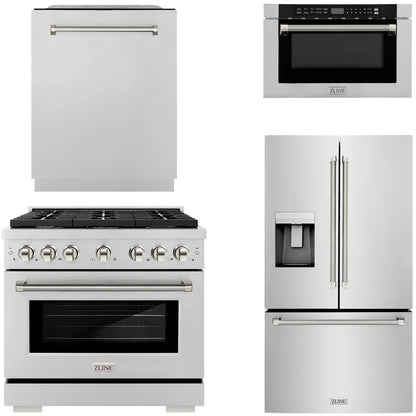ZLINE Autograph Package - 36" Gas Range, 36" French Door Refrigerator, Tall Tub Dishwasher, Microwave Drawer in Stainless Steel with Polished Nickel Helix Accents, 4KAP-GAS36RFDWM-PN