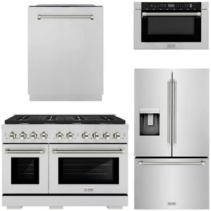 ZLINE Autograph Package - 48" Gas Range, 36" French Door Refrigerator, Tall Tub Dishwasher, Microwave Drawer in Stainless Steel with Polished Nickel Helix Accents, 4KAP-GAS48RFDWM-PN