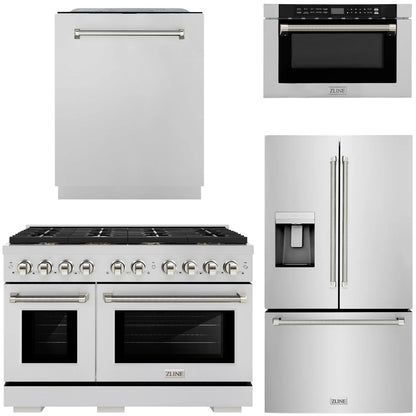 ZLINE Autograph Package - 48" Gas Range, 36" French Door Refrigerator, Tall Tub Dishwasher, Microwave Drawer in Stainless Steel with Polished Nickel Helix Accents, 4KAP-GAS48RFDWM-PN