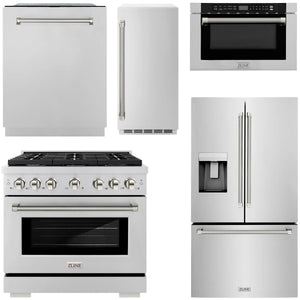 ZLINE Autograph Package - 36" Dual Fuel Range, 36" French Door Refrigerator, Tall Tub Dishwasher, Microwave Drawer, 15" Ice Maker in Stainless Steel with Polished Nickel Helix Accents, 5KAP-DF36RFDWMBV-PN