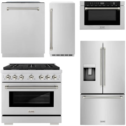 ZLINE Autograph Package - 36" Dual Fuel Range, 36" French Door Refrigerator, Tall Tub Dishwasher, Microwave Drawer, 15" Ice Maker in Stainless Steel with Polished Nickel Helix Accents, 5KAP-DF36RFDWMBV-PN