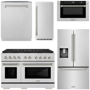 ZLINE Autograph Package - 48" Dual Fuel Range, 36" French Door Refrigerator, Tall Tub Dishwasher, Microwave Drawer, 15" Ice Maker in Stainless Steel with Polished Nickel Helix Accents, 5KAP-DF48RFDWMBV-PN