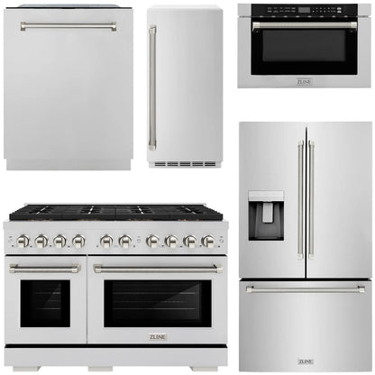 ZLINE Autograph Package - 48" Dual Fuel Range, 36" French Door Refrigerator, Tall Tub Dishwasher, Microwave Drawer, 15" Ice Maker in Stainless Steel with Polished Nickel Helix Accents, 5KAP-DF48RFDWMBV-PN