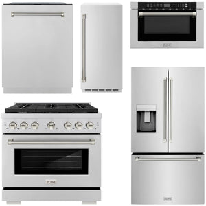 ZLINE Autograph Package - 36" Gas Range, 36" French Door Refrigerator, Tall Tub Dishwasher, Microwave Drawer, 15" Ice Maker in Stainless Steel with Polished Nickel Helix Accents, 5KAP-GAS36RFDWMBV-PN