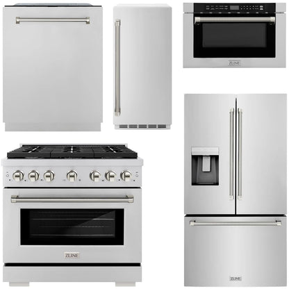 ZLINE Autograph Package - 36" Gas Range, 36" French Door Refrigerator, Tall Tub Dishwasher, Microwave Drawer, 15" Ice Maker in Stainless Steel with Polished Nickel Helix Accents, 5KAP-GAS36RFDWMBV-PN