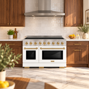 ZLINE Autograph Edition 48" Paramount Induction Range with 7 Element Cooktop in Stainless Steel with White Matte Doors and Champagne Bronze Accents, SINRZ-WM-48-CB