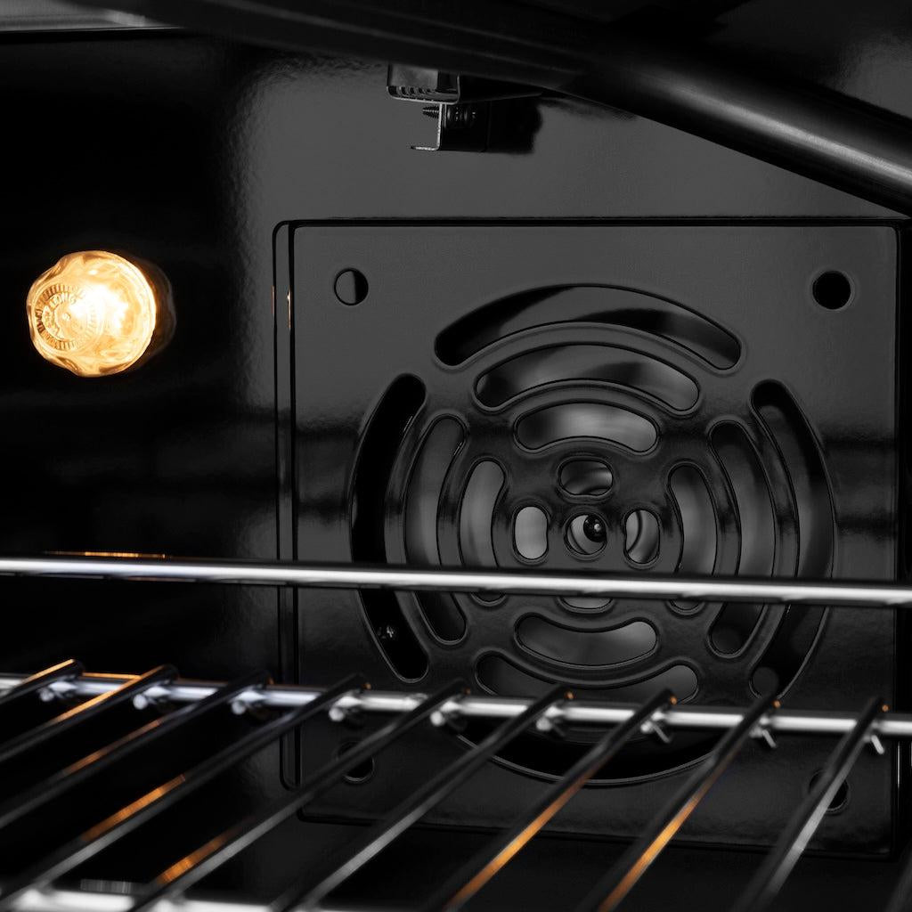 An interior view of the ZLINE professional DuraSnow stainless steel gas range SGRS-BR-30, focusing on the fan and oven light, illustrating the range's internal components and build quality.