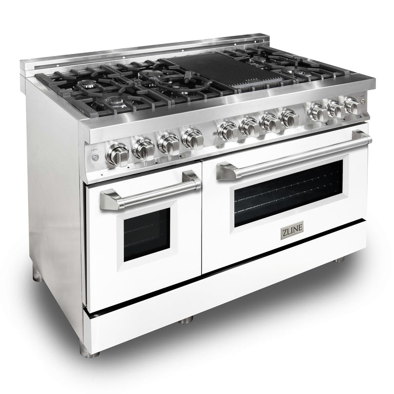 ZLINE 48" 6.0 cu. ft. Gas Burner, Electric Oven with Griddle and White Matte Door in Stainless Steel, RA-WM-GR-48