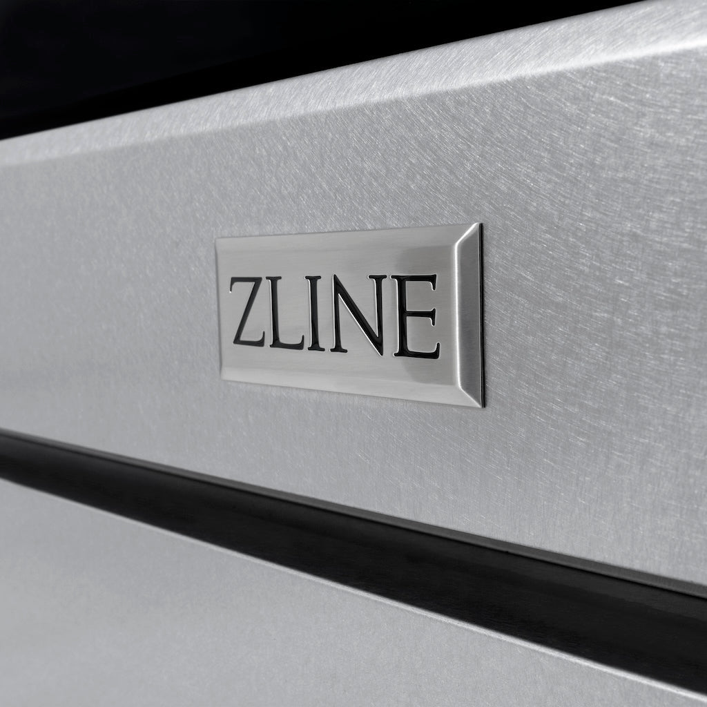 A close-up view of the ZLINE logo badge on the front of the professional stainless steel gas range SGRS-30, showcasing the high-quality stainless steel finish.