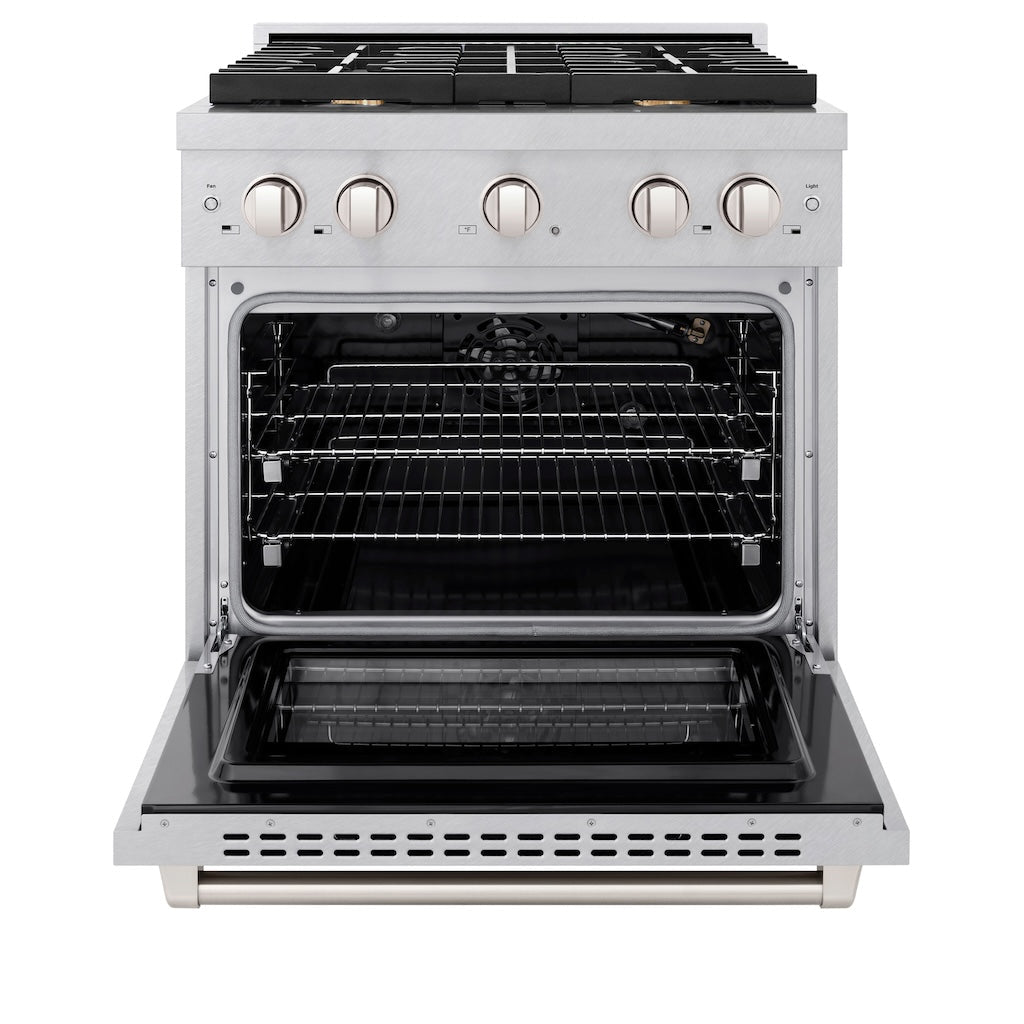 A front view of the ZLINE professional stainless steel gas range SGRS-BR-30 with the oven door open, showing the oven's interior and control knobs on the front panel.