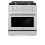 A front view of the ZLINE professional stainless steel gas range SGRS-BR-30 with the oven door closed, displaying the sleek design, control knobs, and ZLINE logo on the bottom drawer