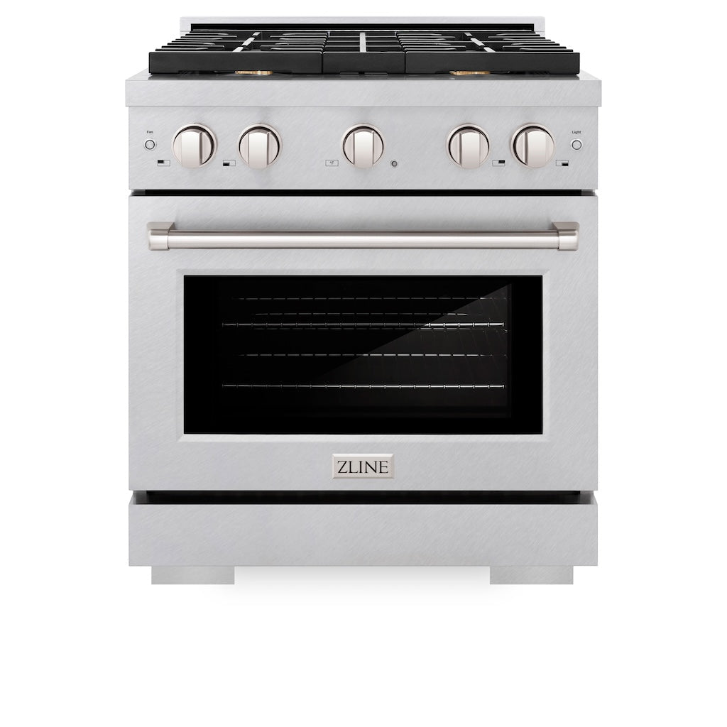 A front view of the ZLINE professional stainless steel gas range SGRS-BR-30 with the oven door closed, displaying the sleek design, control knobs, and ZLINE logo on the bottom drawer