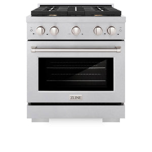 A front view of the ZLINE professional stainless steel gas range SGRS-BR-30 with the oven door closed, displaying the sleek design, control knobs, and ZLINE logo on the bottom drawer