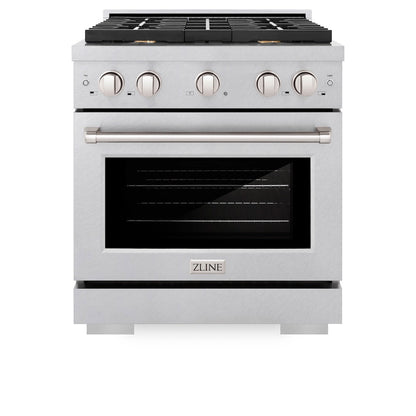 A front view of the ZLINE professional stainless steel gas range SGRS-BR-30 with the oven door closed, displaying the sleek design, control knobs, and ZLINE logo on the bottom drawer