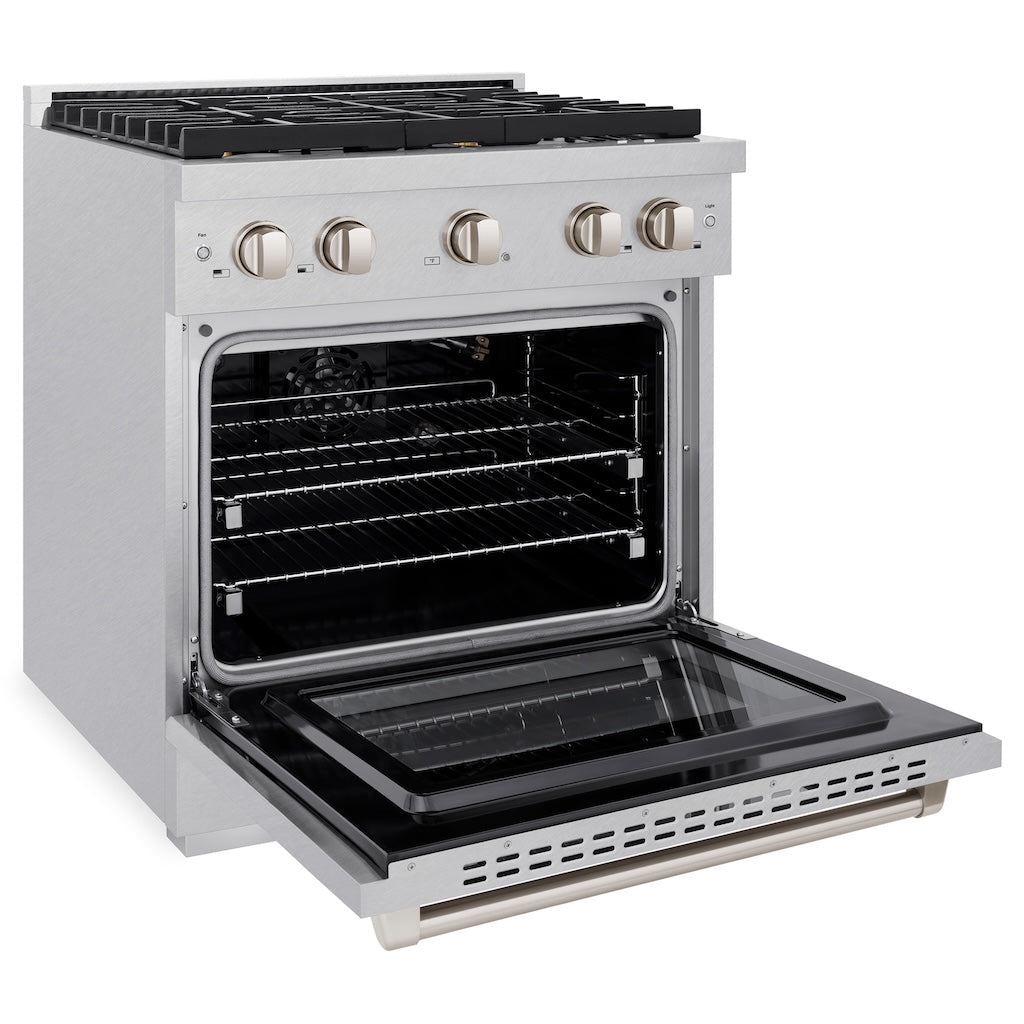 The ZLINE professional stainless steel gas range SGRS-BR-30 with the oven door open, revealing the spacious interior with multiple racks and a black enamel finish.