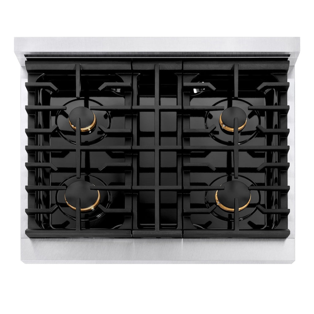 A top-down view of the ZLINE professional stainless steel gas range SGRS-BR-30, showing the layout of the burners and grates, with a clean and modern design.