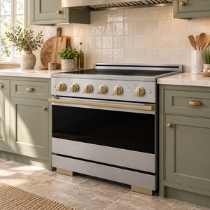 ZLINE Autograph 36 in. 5.2 cu. ft. Marino Induction Range with 5 Element Cooktop and Electric Convection Oven in Satin Stainless Steel with Champagne Bronze Accents, MINRSZ-36-CB